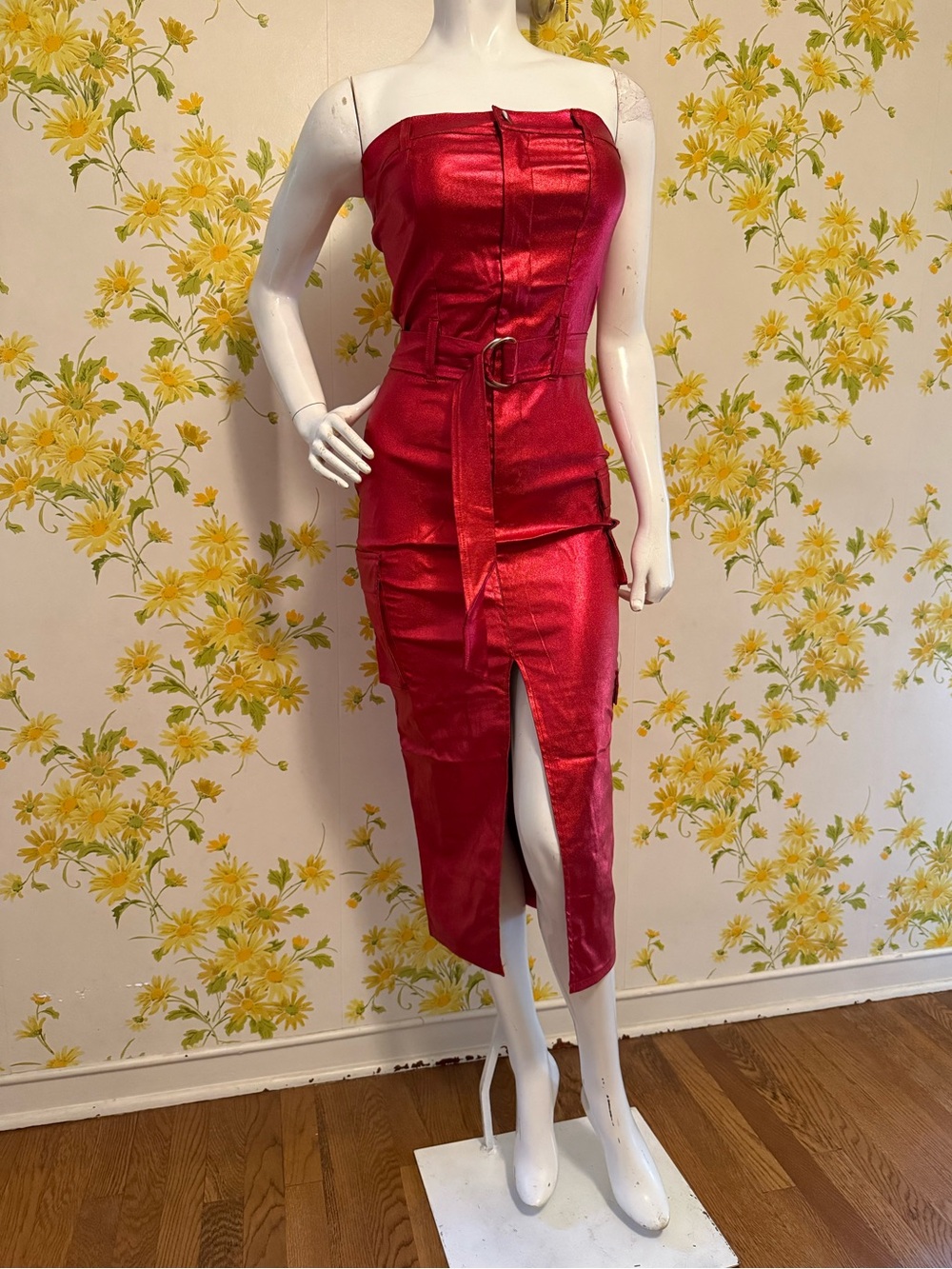 Metallic red strapless midi dress featuring a matching belt and a front slit